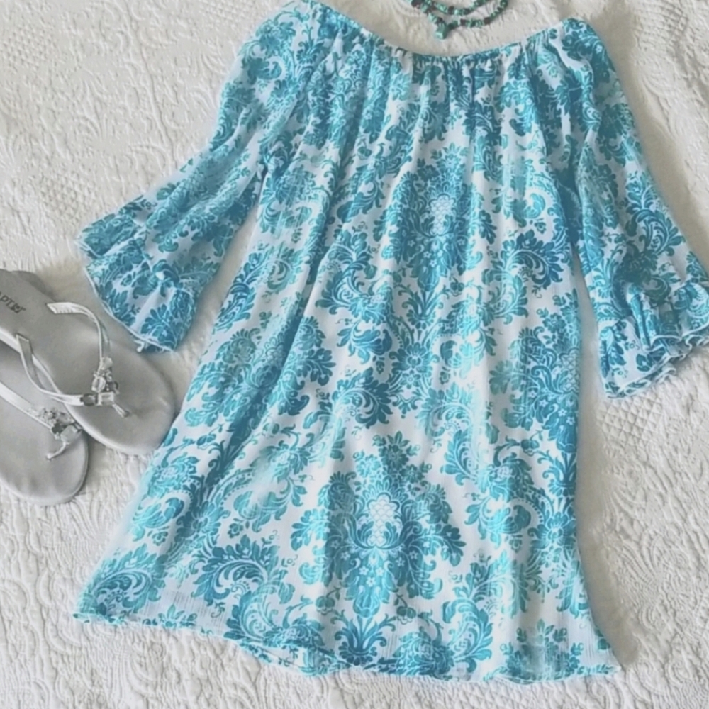 Damask Off On Shoulder Dress S M Turquoise White